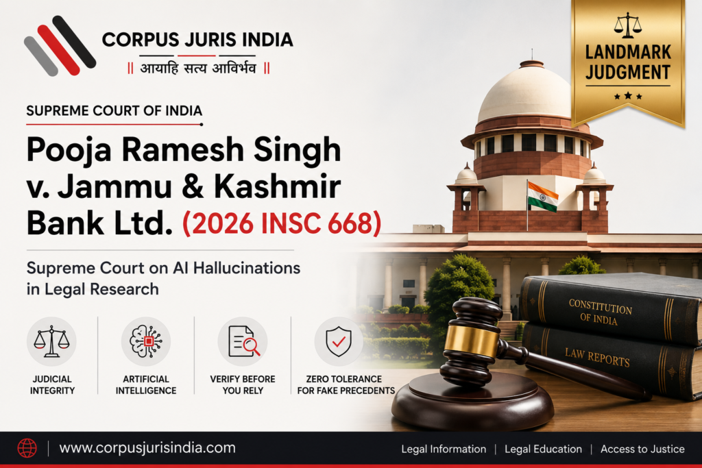 Featured image of the Supreme Court judgment in Pooja Ramesh Singh v. Jammu & Kashmir Bank Ltd. (2026 INSC 668) on AI hallucinations in legal research and judicial decision-making.