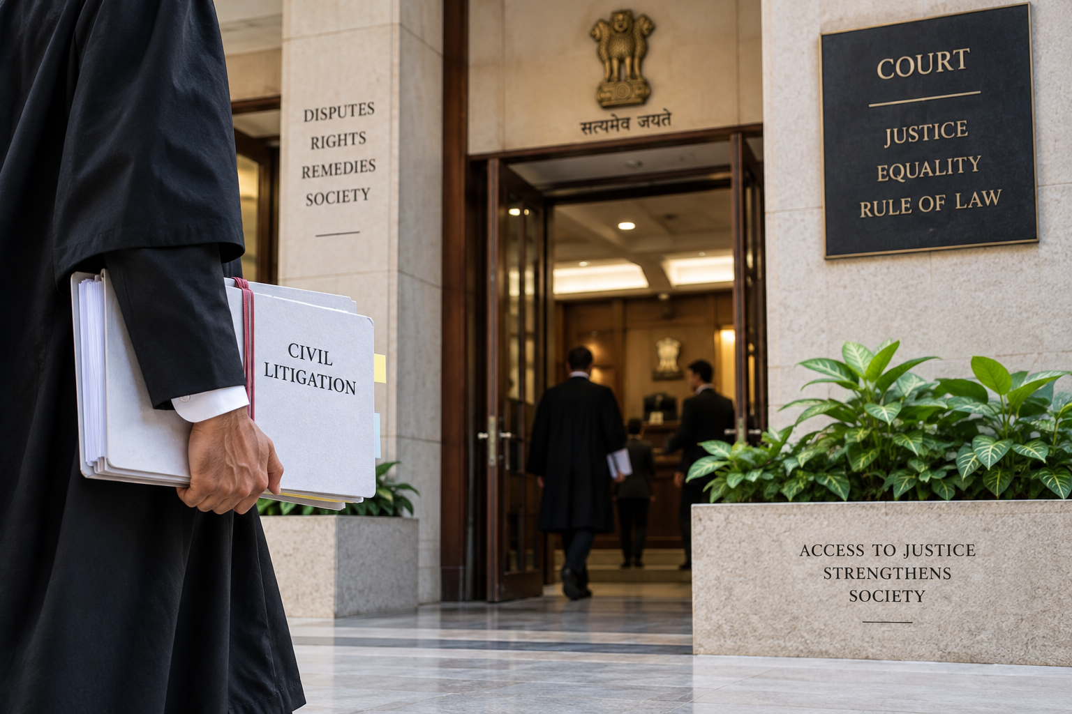 An advocate holding files labelled Civil Litigation outside a court building