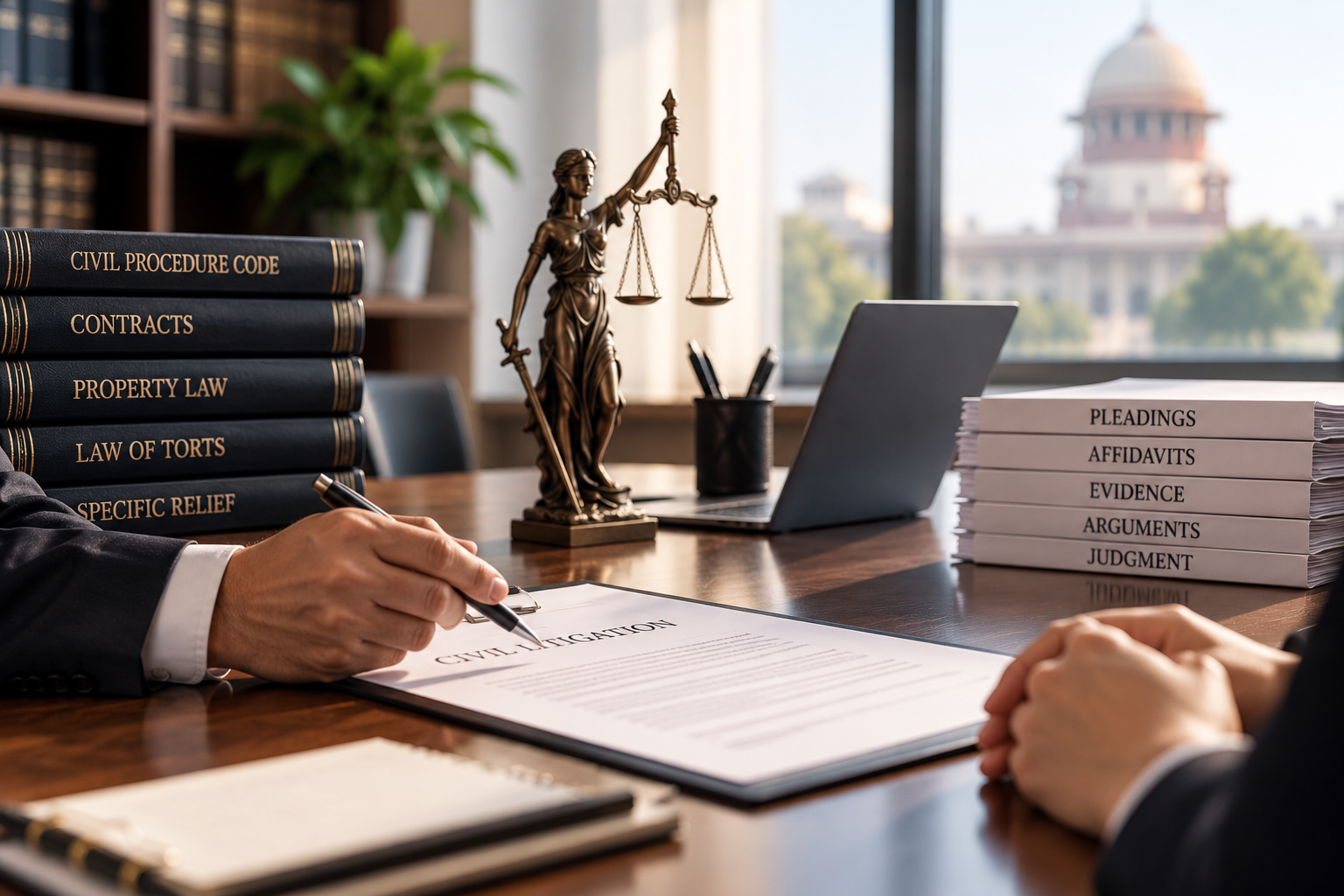 Legal consultation at a desk featuring law books, a statue of Lady Justice, and a scale of justice, with the Supreme Court of India visible through the window