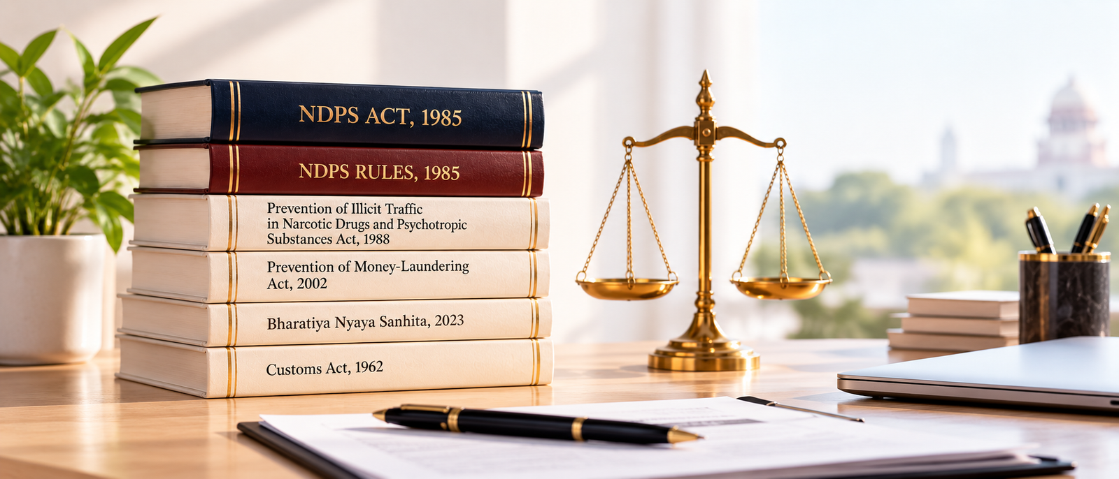 Wide institutional view of narcotic drugs and psychotropic substances legal framework with legal volumes, scales of justice, and reference material on a desk