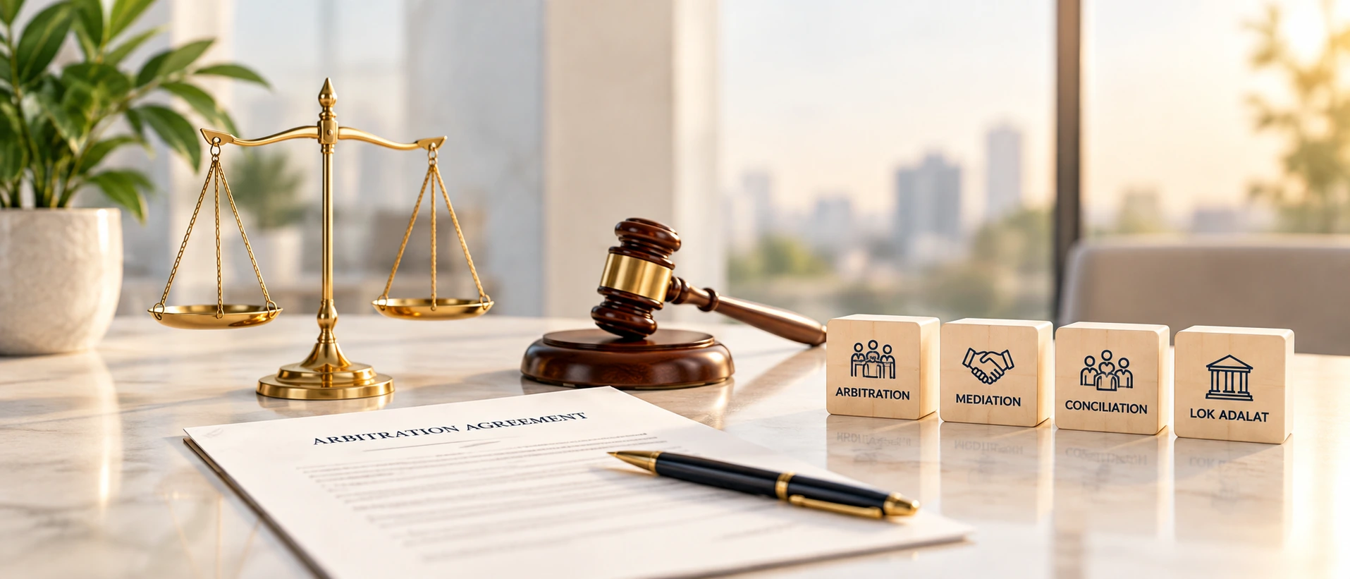 Arbitration and alternative dispute resolution legal workspace with documents relating to arbitration, mediation and conciliation proceedings
