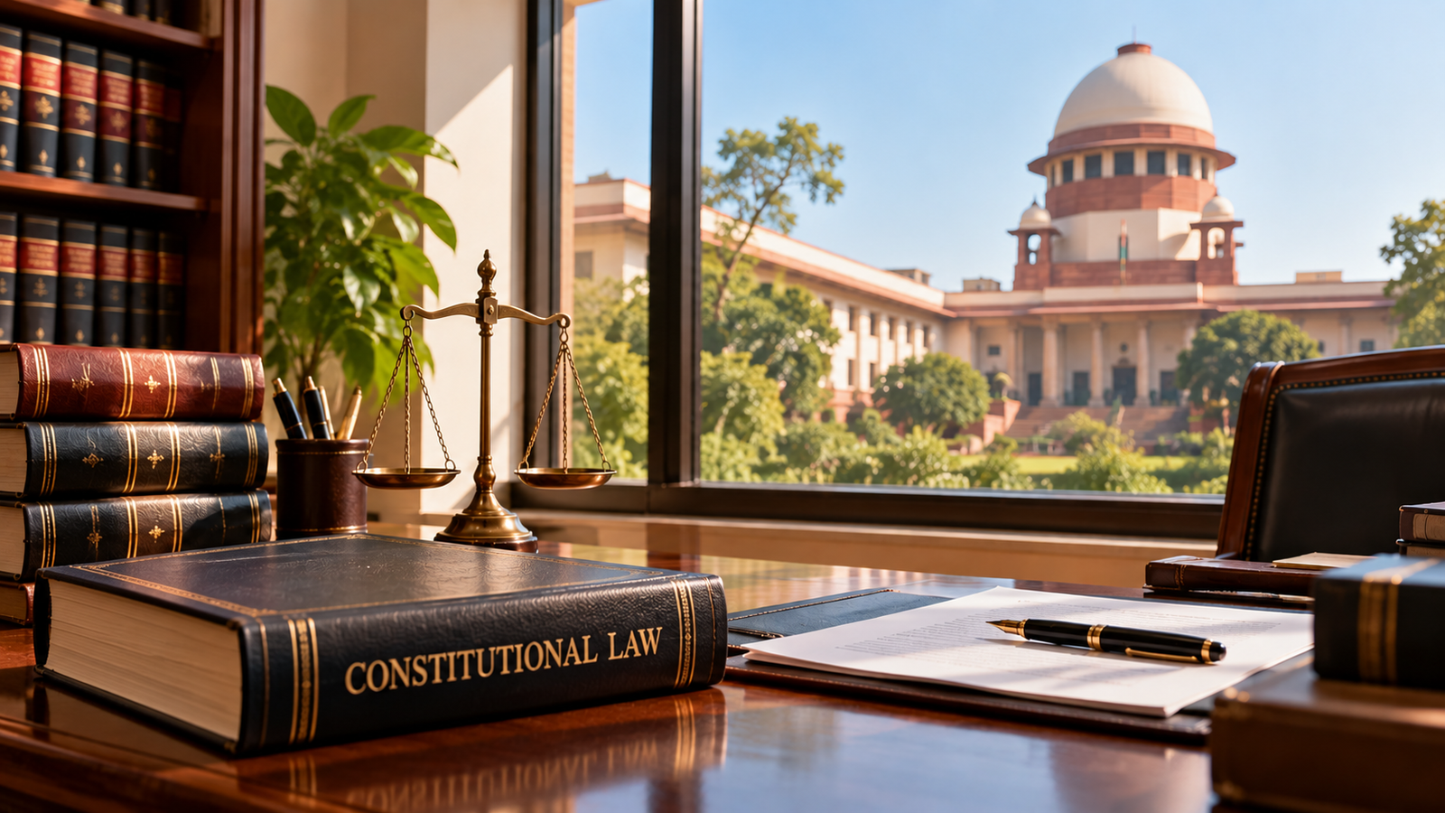 Constitutional law book and legal desk with an Indian court building in the background