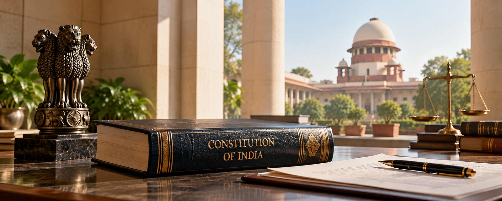 Constitutional law study with legal reference material and an Indian institutional building in the background