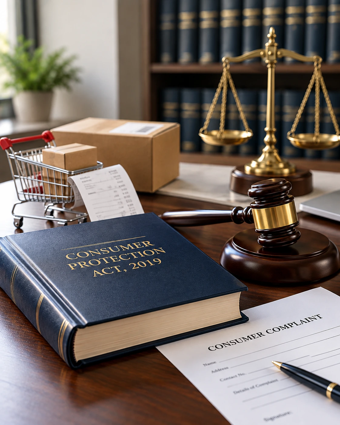 Consumer Protection Act, 2019 legal volume with gavel, scales of justice, and consumer documents on a wooden desk