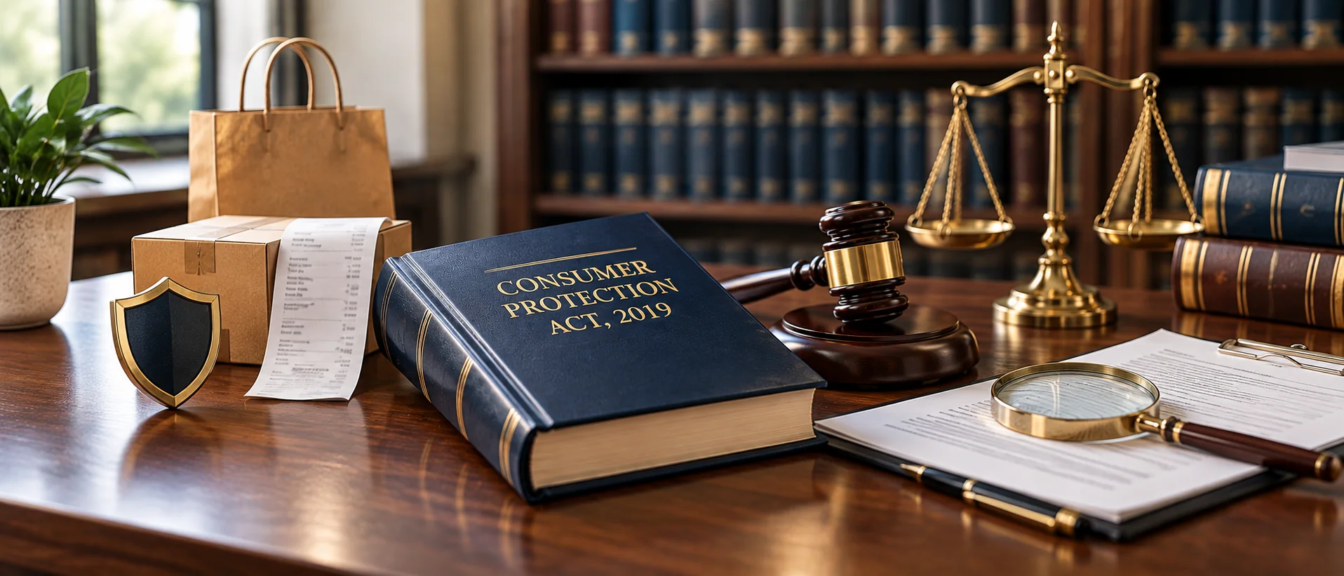 Consumer Protection Act, 2019 legal volume with gavel, scales of justice, and consumer law documents in a wide legal setting