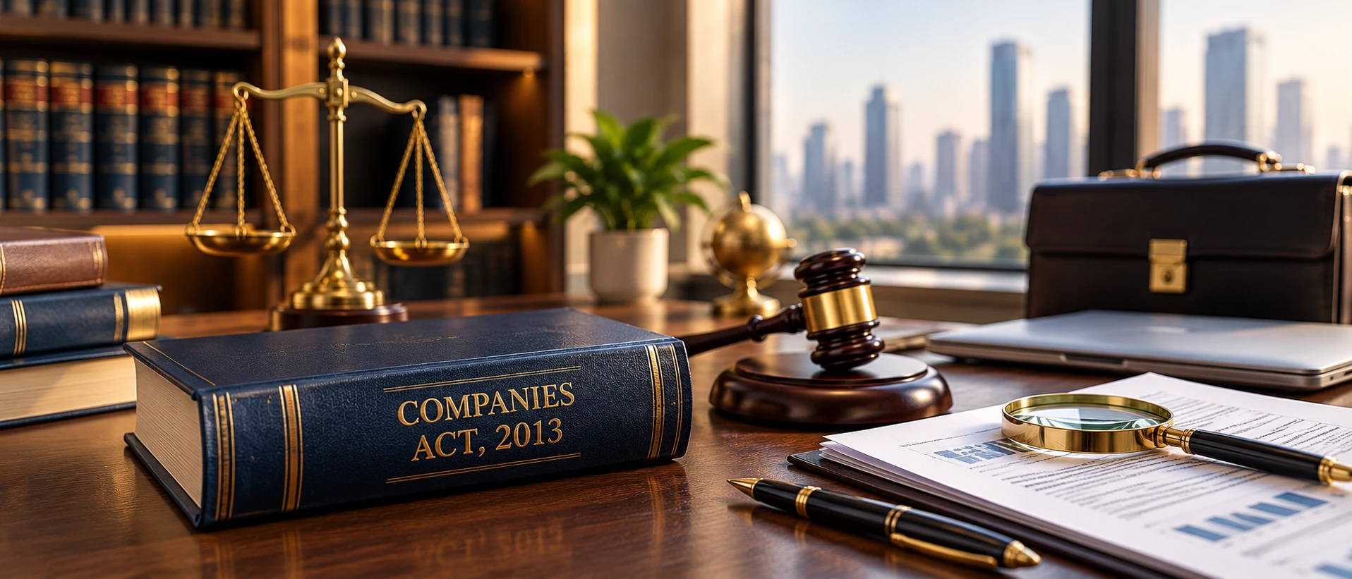 Companies Act, 2013 legal volume with gavel, scales of justice, corporate documents and briefcase in a wide legal setting