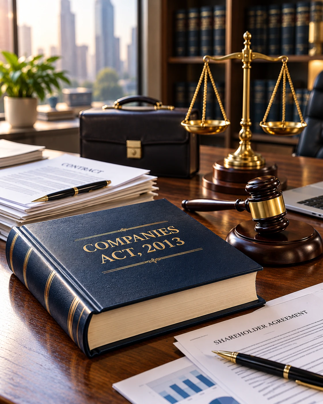 Companies Act, 2013 book with corporate documents, gavel and scales of justice representing corporate and commercial law