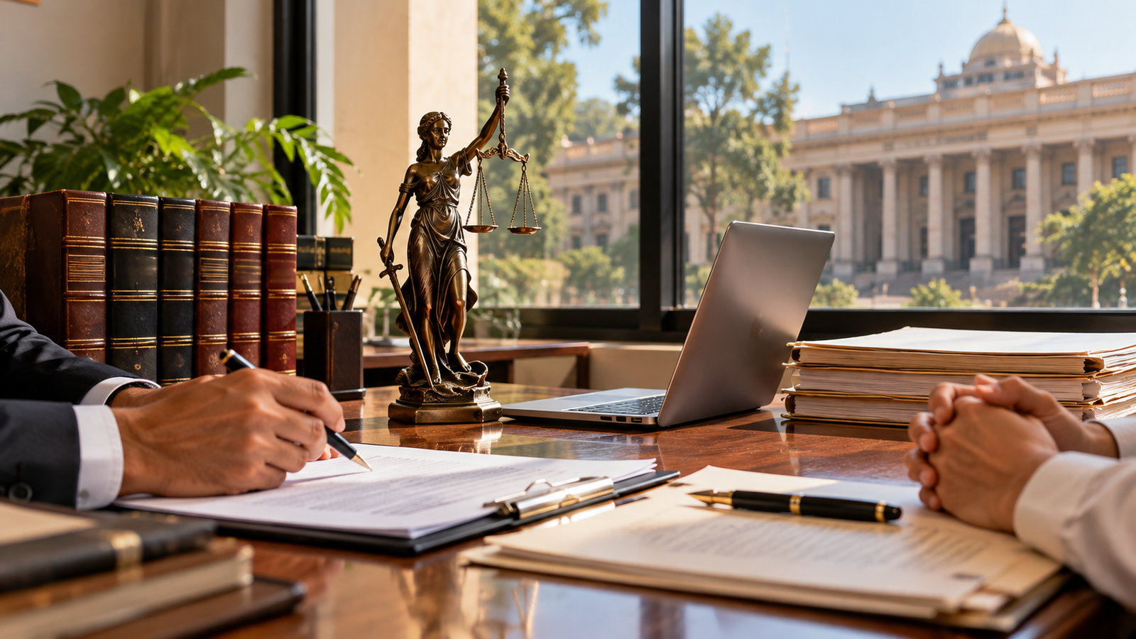 Legal consultation at a desk featuring law books, a statue of Lady Justice, and a scale of justice, with an Indian court building visible through the window