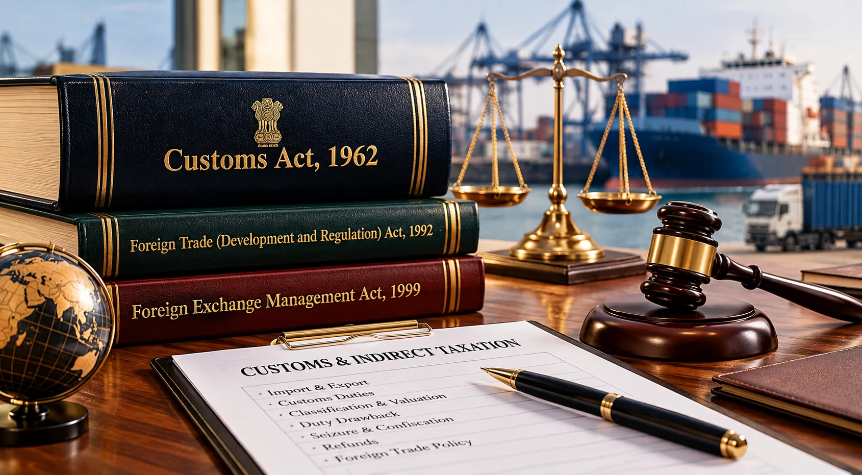 Customs Act, 1962 legal volume with gavel, scales of justice, and shipping documents on a wooden desk