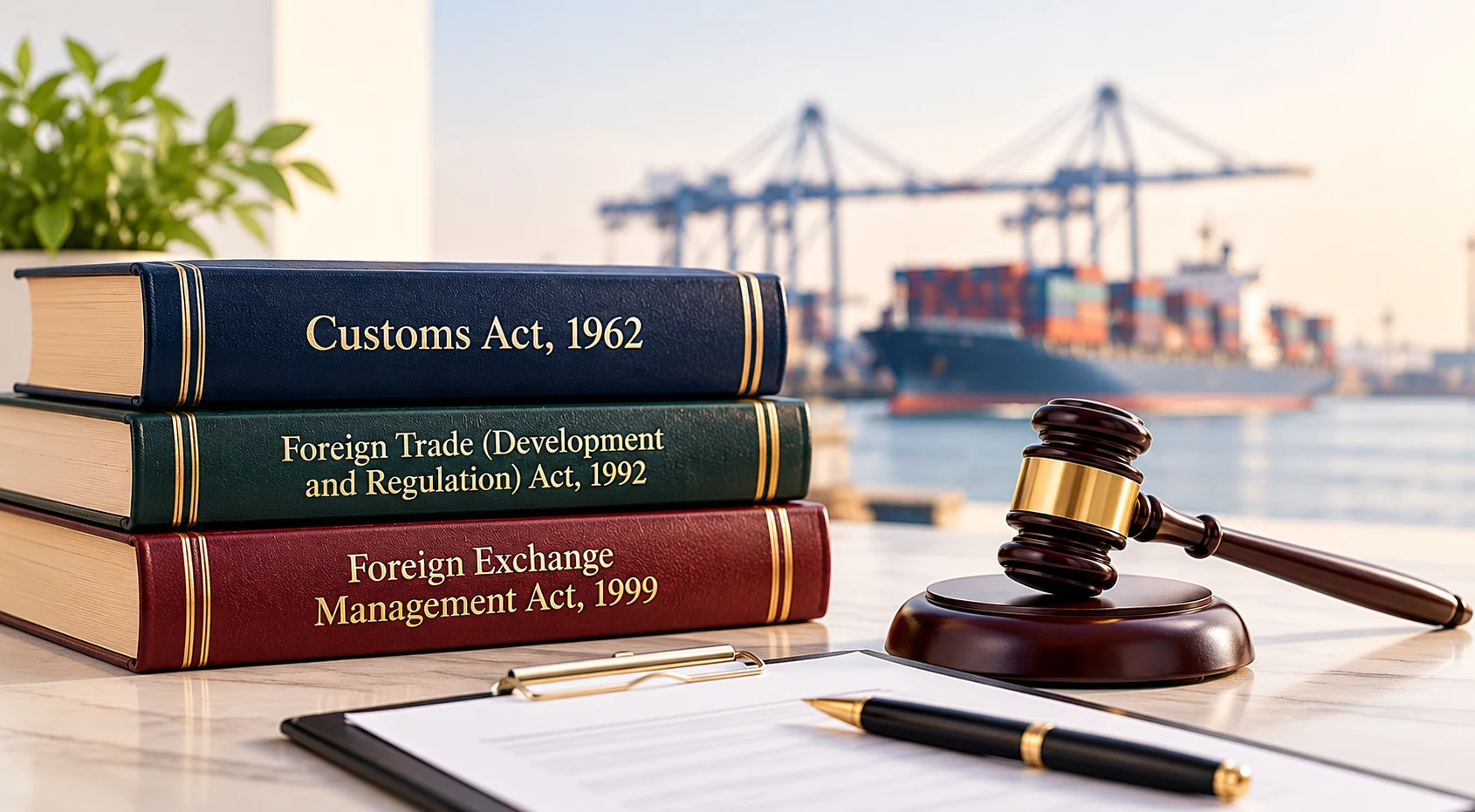 Customs Act, 1962 legal volume with gavel, scales of justice, and shipping documents on a wide desk