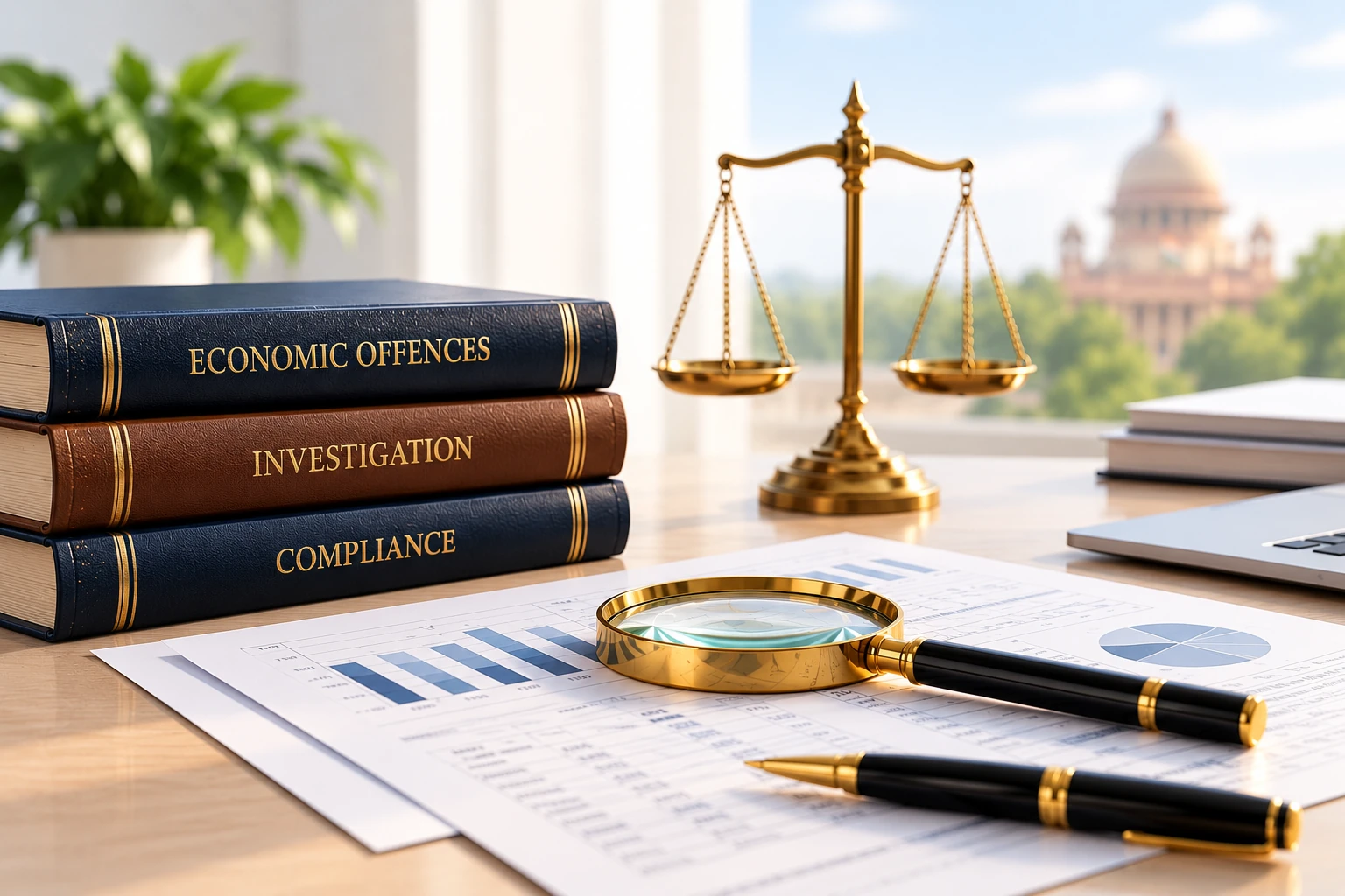 Wide institutional view of legal proceedings with legal volumes, scales of justice, financial documents, and reference material on a desk