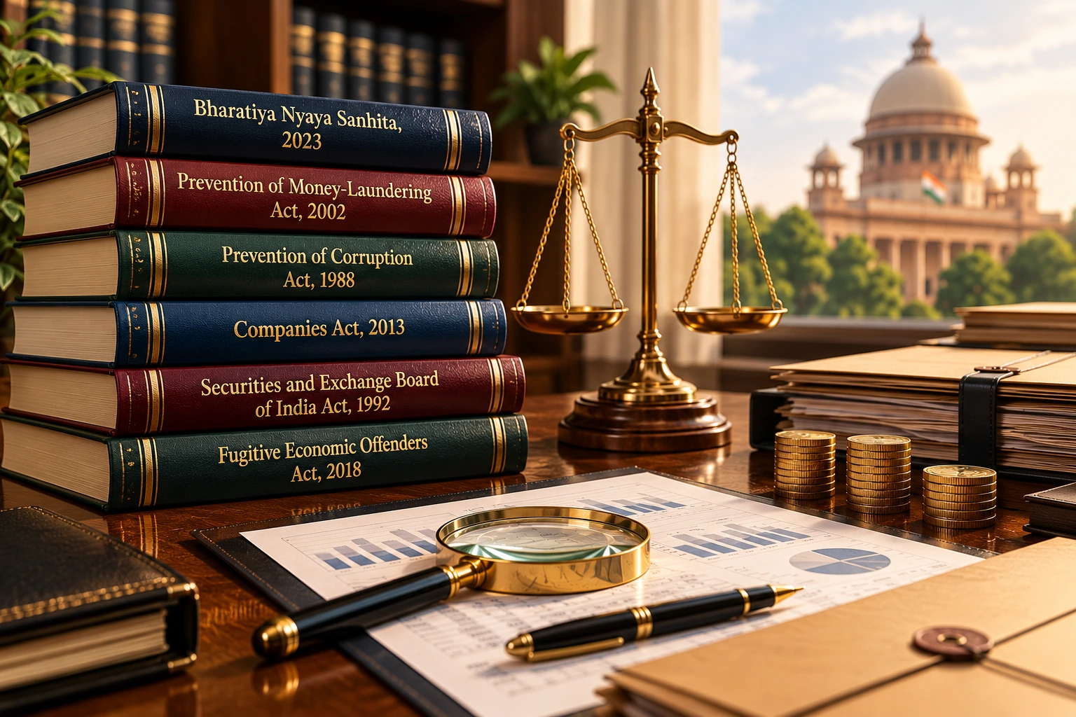 Legal volumes on economic offences legislation with scales of justice, financial documents, and a magnifying glass on a wooden desk