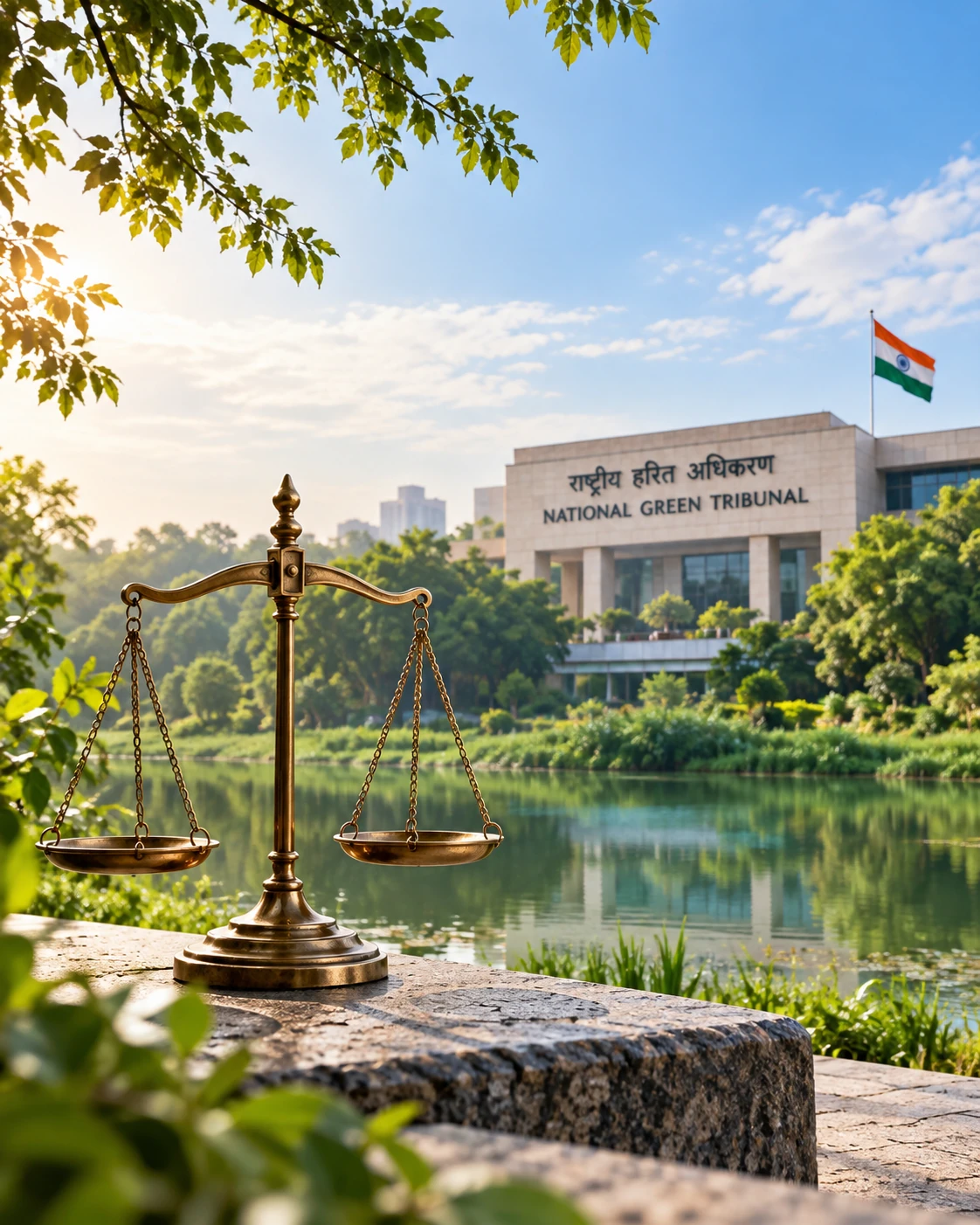 Environmental law and National Green Tribunal framework with statute volumes, natural landscape and water body