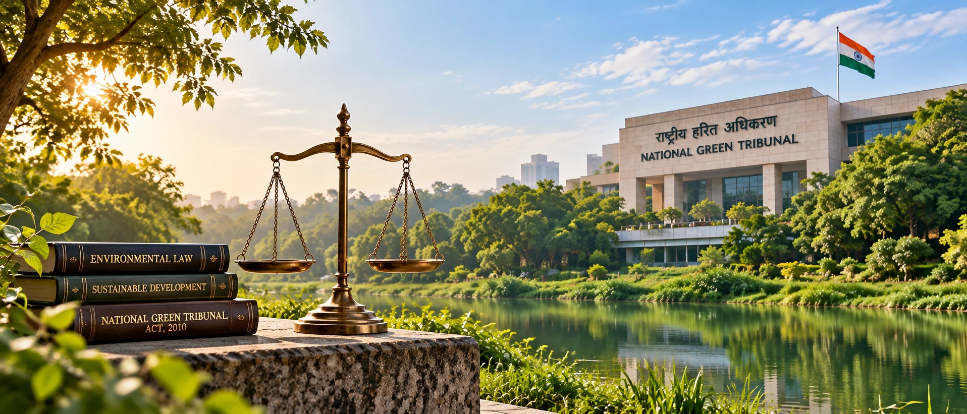 Environmental law and National Green Tribunal framework with natural landscape, water body and legal reference material
