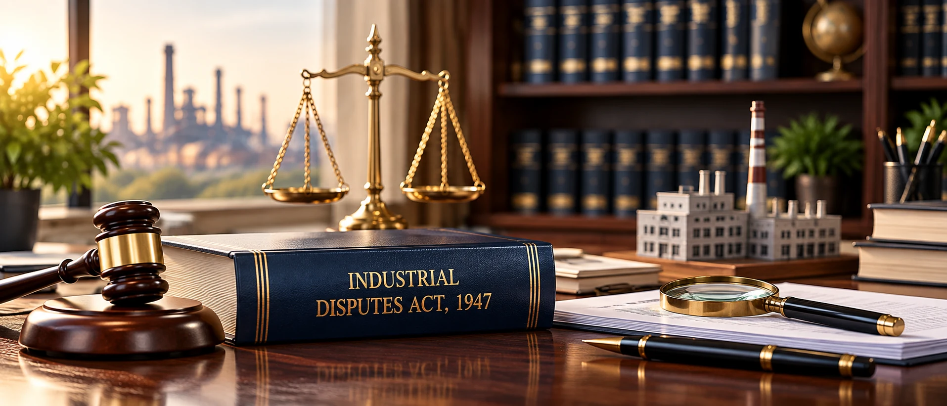 Industrial Disputes Act, 1947 legal volume with gavel, scales, magnifying glass, and documents on a wide desk