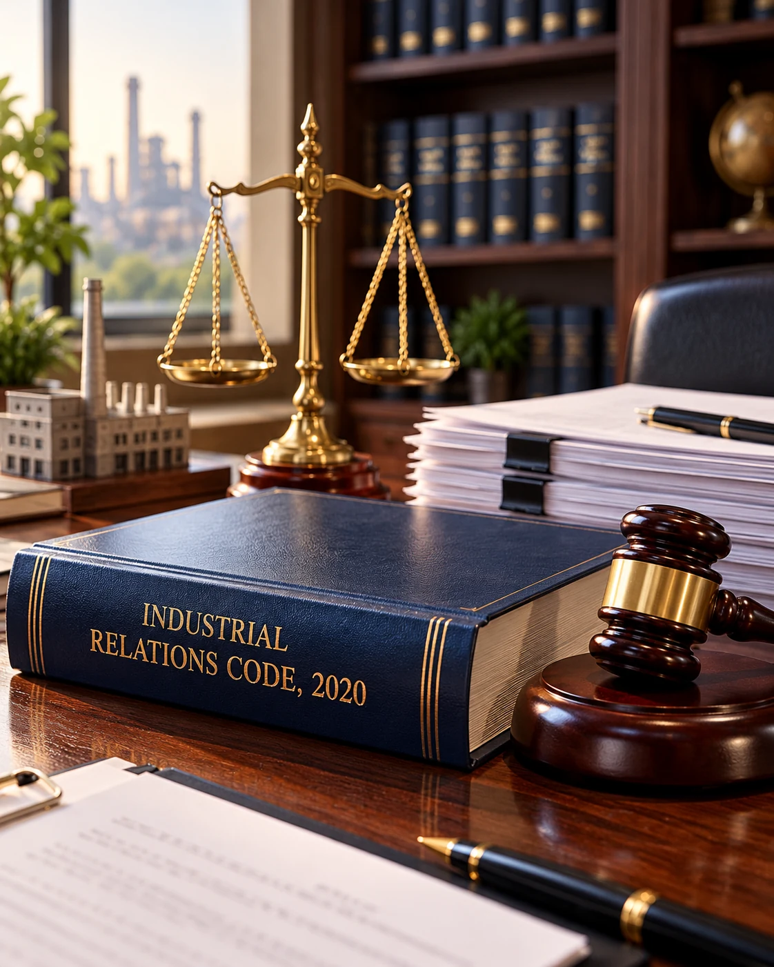 Industrial Relations Code, 2020 legal volume with gavel, scales of justice, and documents on a wooden desk