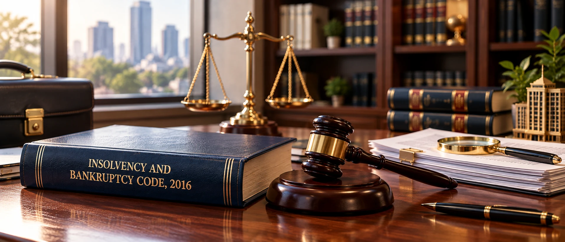 Insolvency and Bankruptcy Code, 2016 legal volume with gavel, scales, magnifying glass, and corporate documents on a wide desk