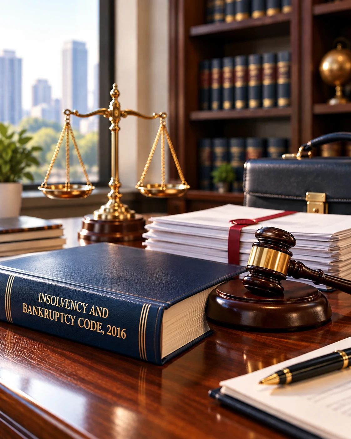Insolvency and Bankruptcy Code, 2016 legal volume with gavel, scales of justice, and corporate documents on a wooden desk