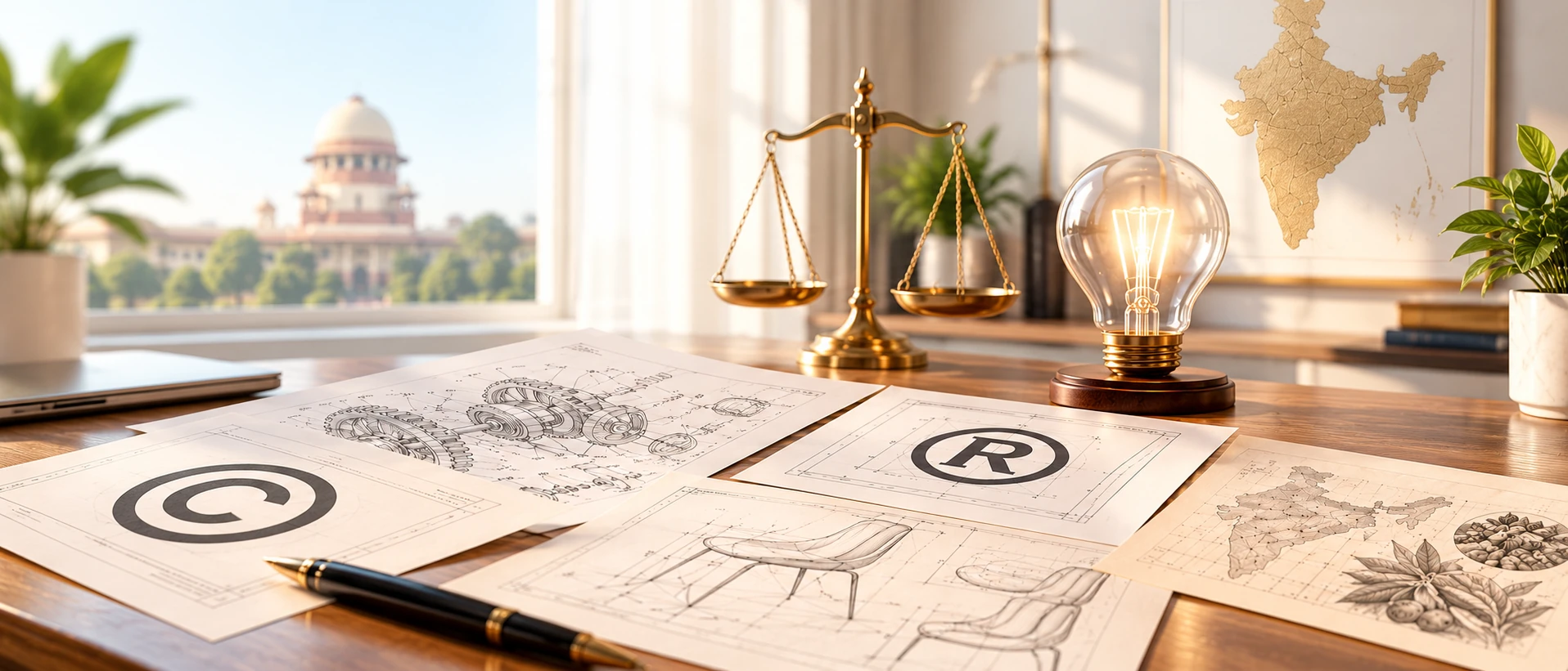 Intellectual property legal workspace with documents and reference material relating to patents, trademarks and copyright protection