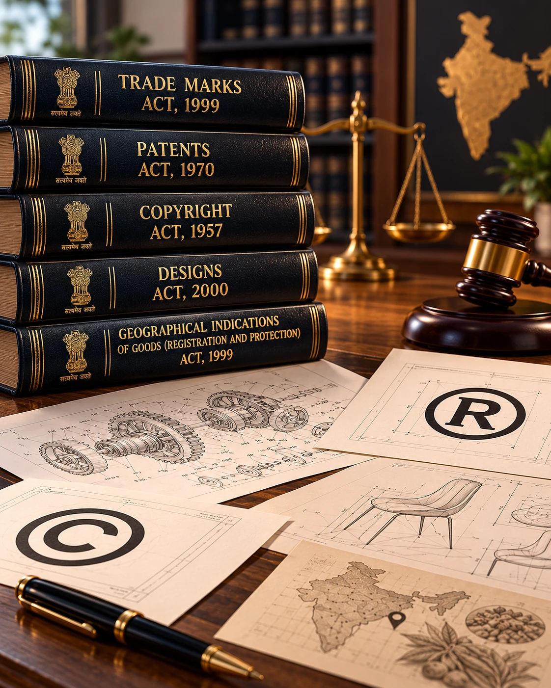 Intellectual property law legal books and documents relating to patents, trademarks, copyright and designs in India
