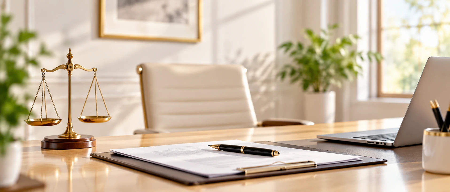 Legal advisory workspace with statute volumes, legal documents, and a pen on a wide desk