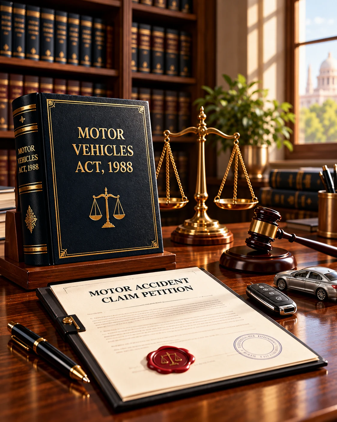 Motor Vehicles Act, 1988 legal volume with motor accident claim petition, gavel, scales of justice and a model car