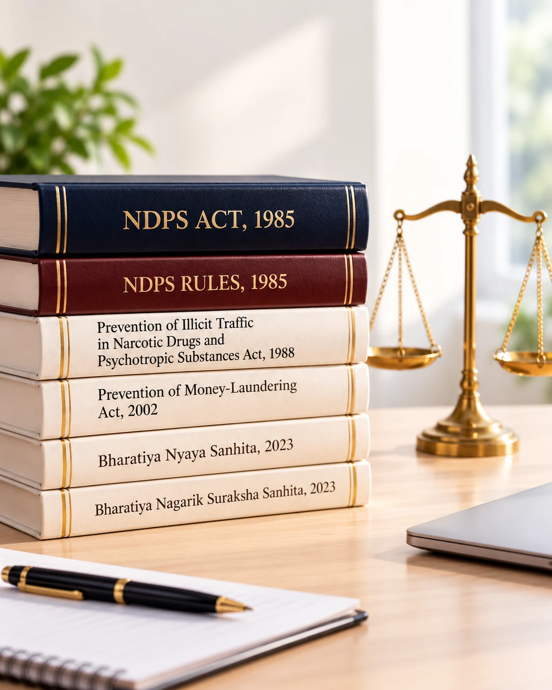 Legal volumes on narcotic drugs and psychotropic substances legislation with scales of justice and institutional reference material on a wooden desk