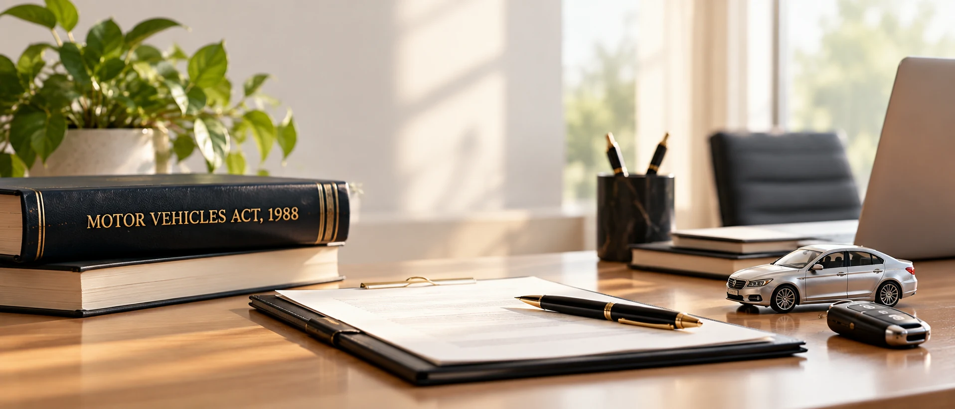 Motor Vehicles Act, 1988 legal volume with motor accident claim petition, gavel and scales of justice in a wide legal setting
