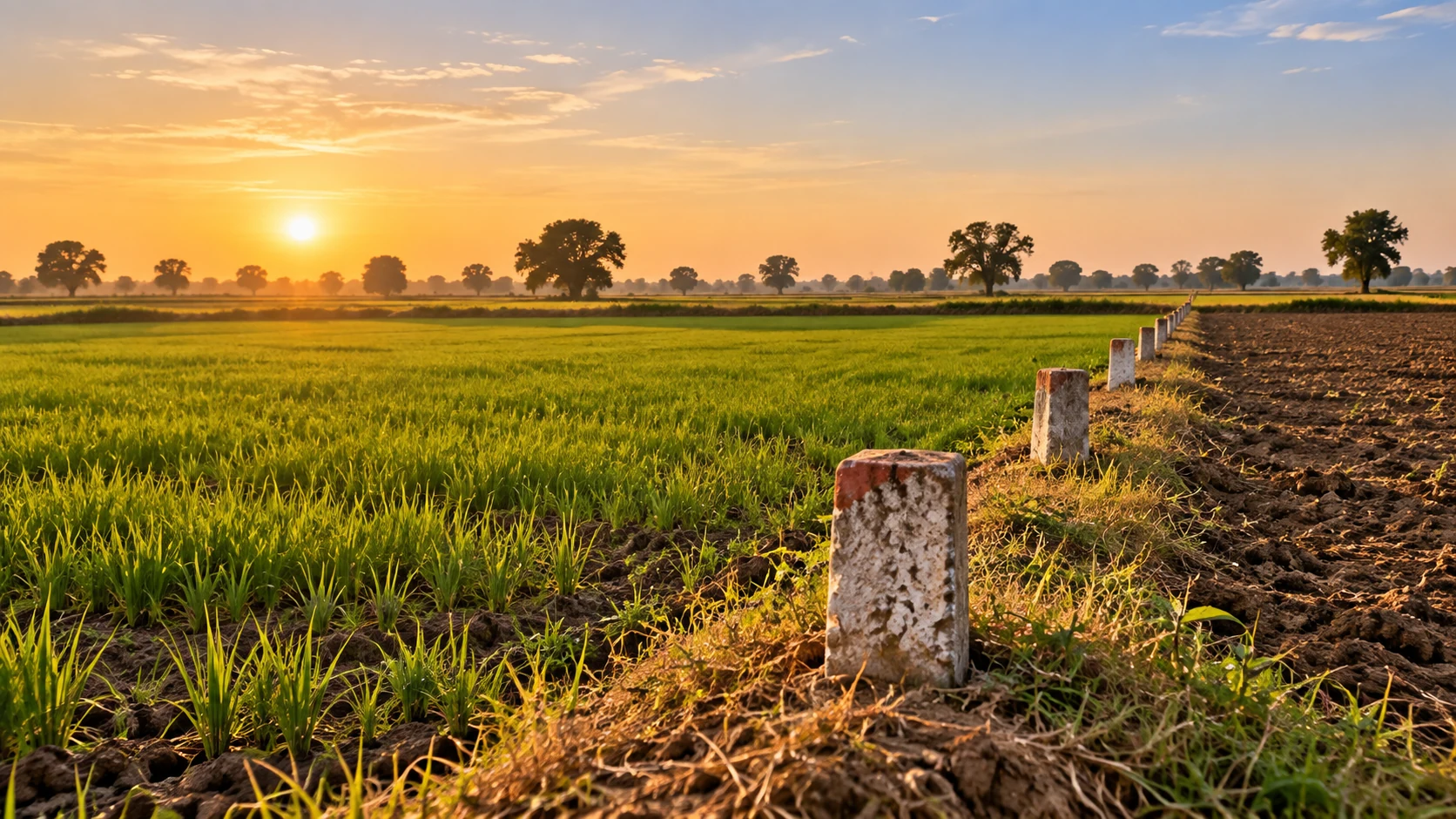 Agricultural land with boundary markers representing land and property disputes in India
