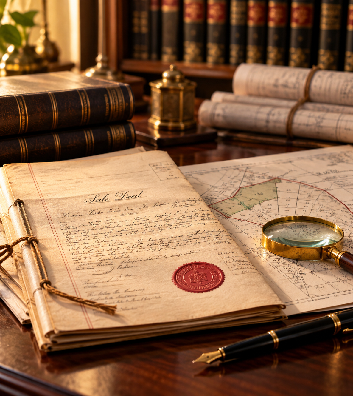 Property sale deed, land survey map and magnifying glass representing property and land disputes