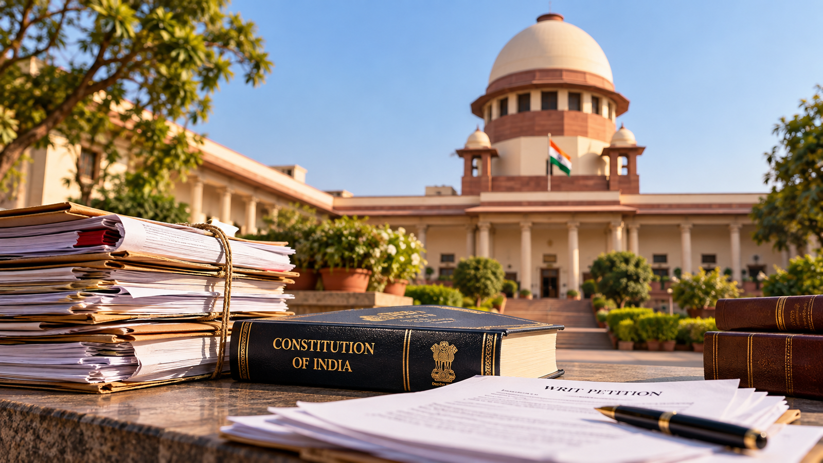 A copy of the Constitution of India placed beside a traditional scales of justice and a folded newspaper