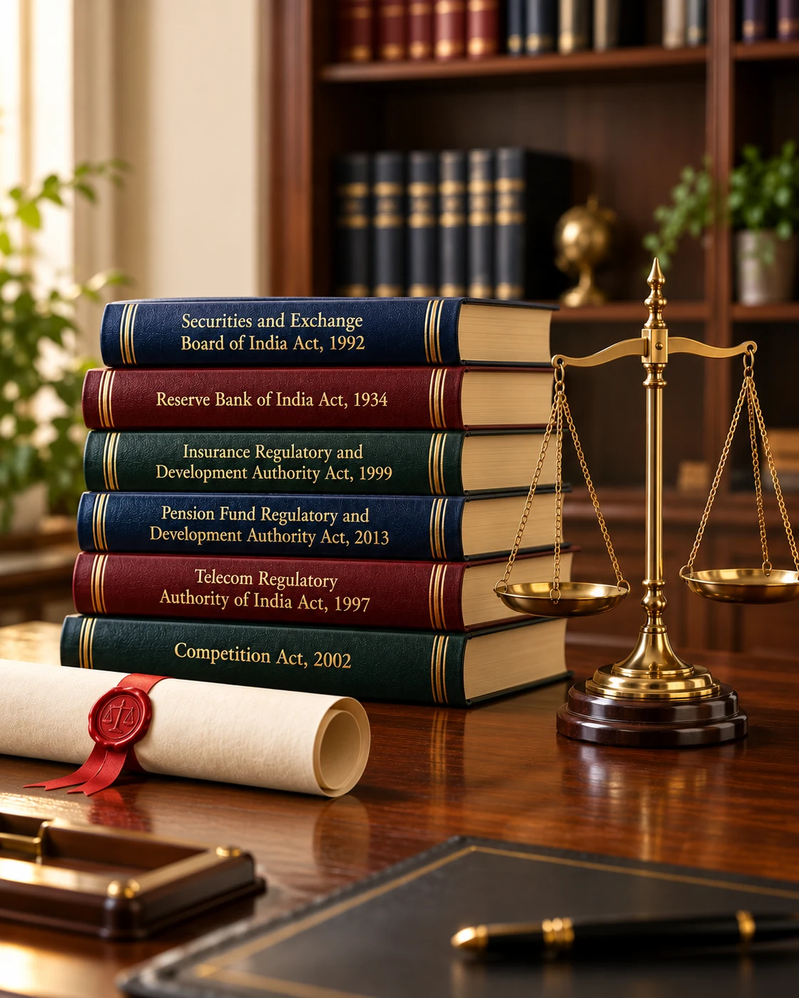 A stack of six statutory legal volumes (SEBI Act 1992, RBI Act 1934, IRDAI Act 1999, PFRDA Act 2013, TRAI Act 1997, Competition Act 2002) displayed on a wooden desk with a brass scales of justice and a rolled parchment with red seal