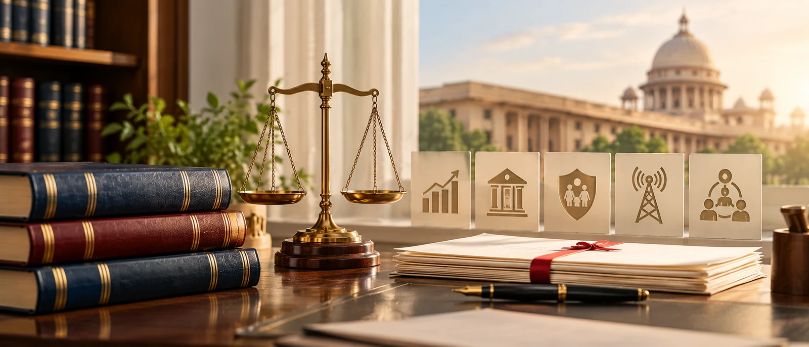 Wide institutional view of regulatory framework reference material with legal volumes, scales, and statutory documents on a desk