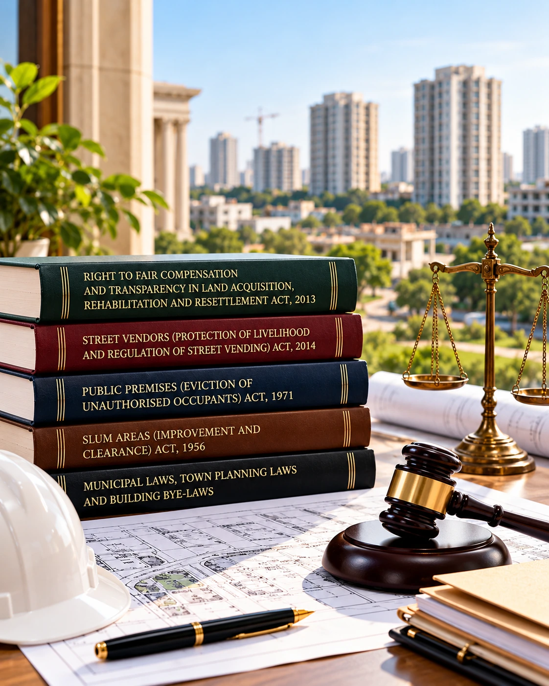 Rehabilitation and demolition law legal books including RFCTLARR Act 2013, Street Vendors Act 2014, Public Premises Act 1971 and Slum Areas Act 1956