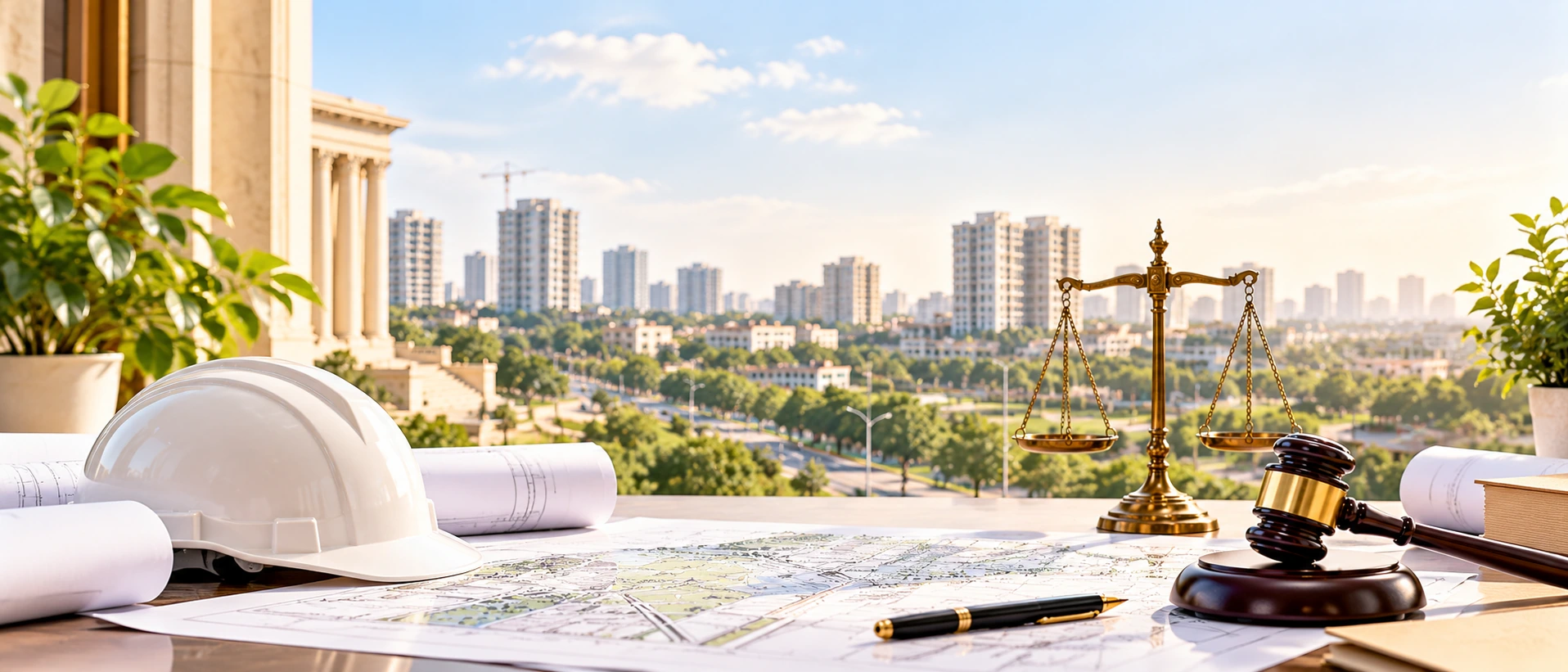 Rehabilitation and demolition legal workspace with documents relating to land acquisition, resettlement and urban development framework in India