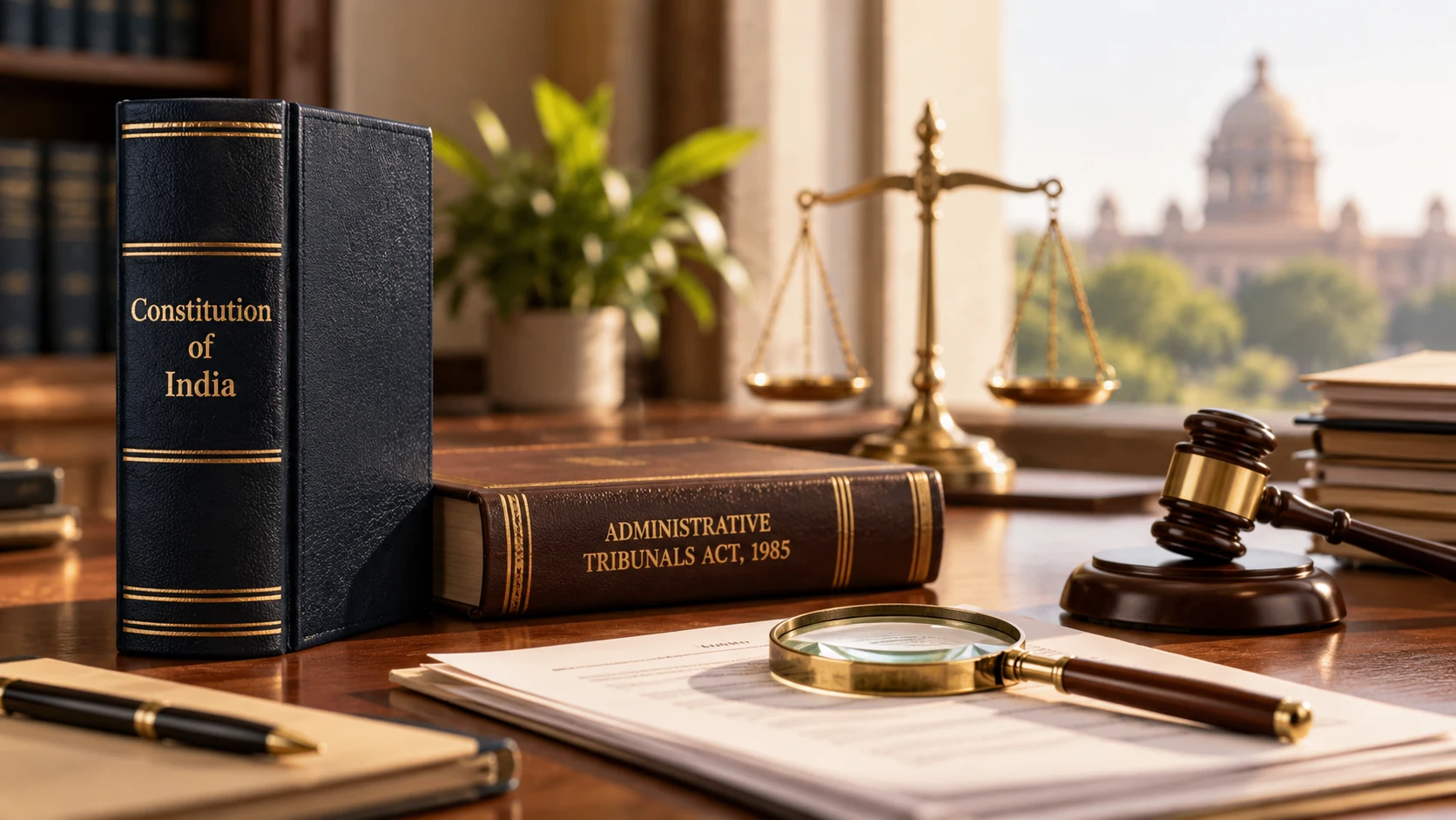 Service law legal volumes, gavel, scales of justice, and documents on a wide desk