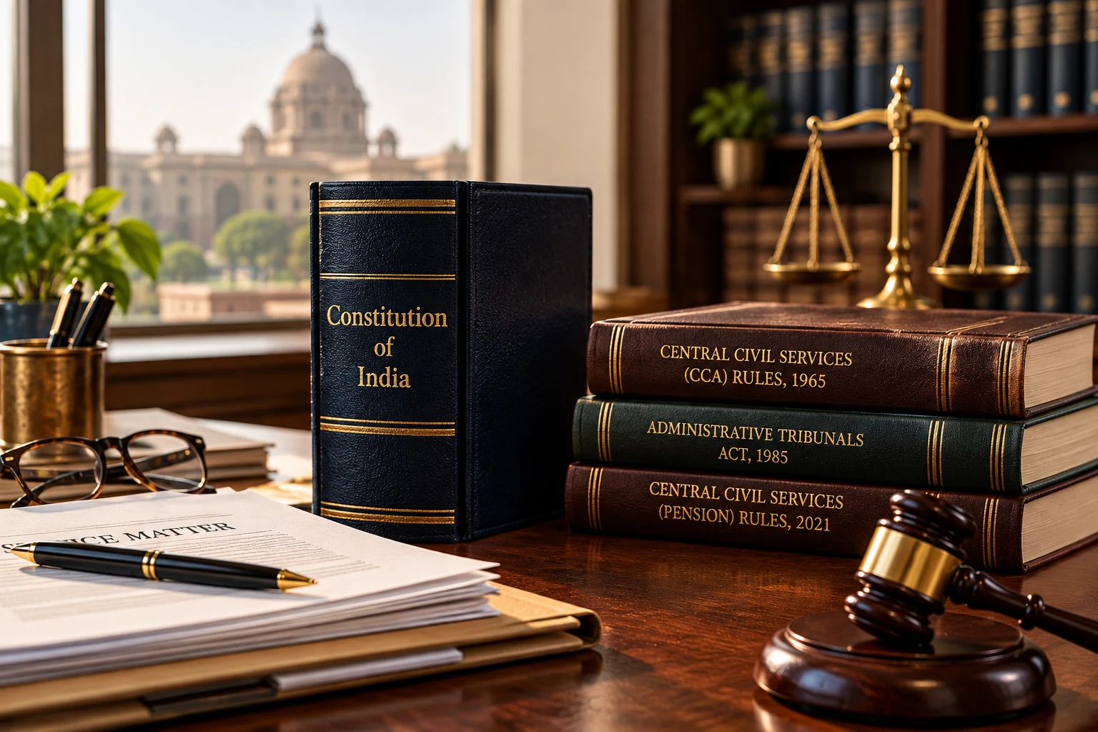 Constitution of India, Central Civil Services Rules, Administrative Tribunals Act, and gavel on a desk