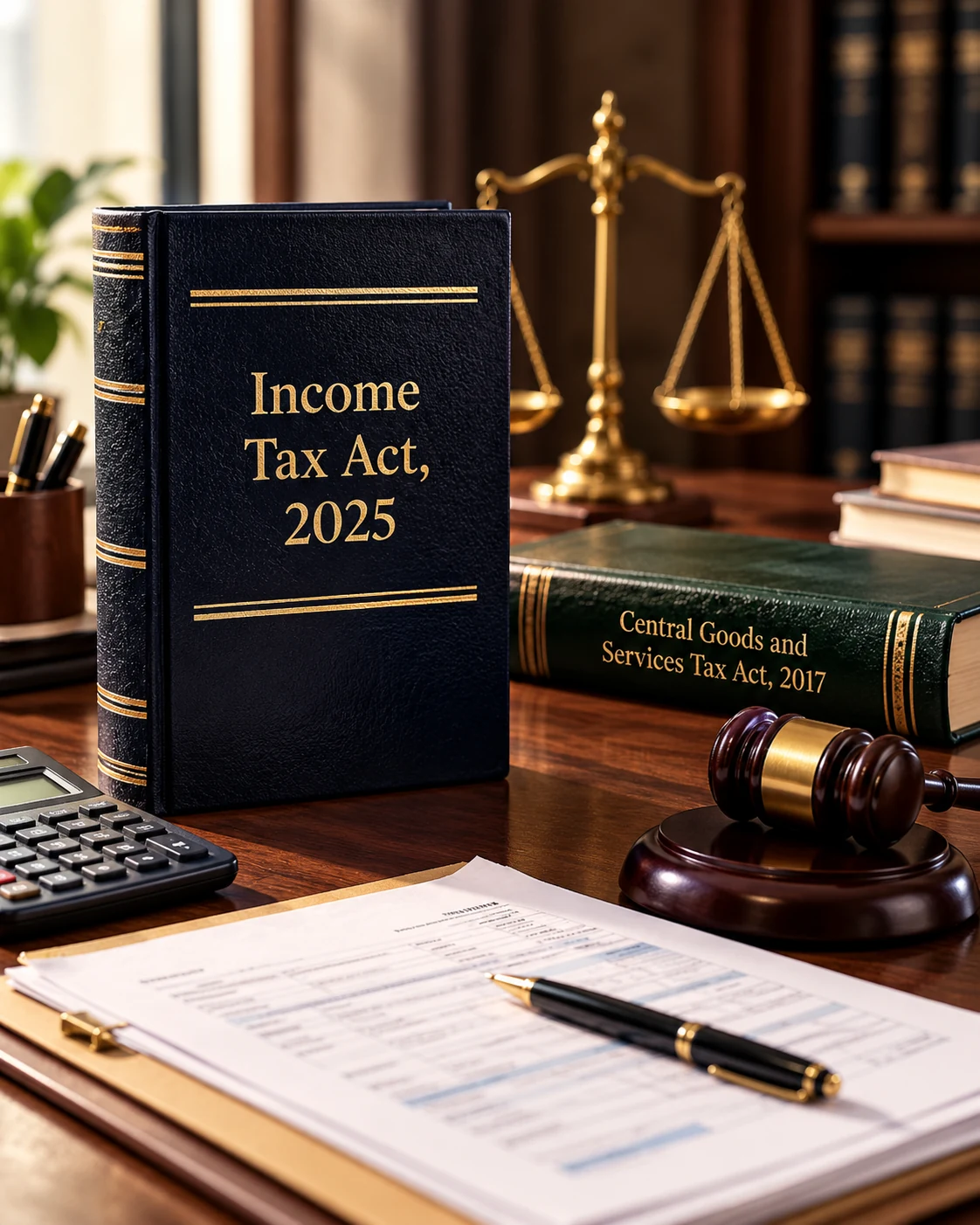 Income Tax Act, 2025, CGST Act, and gavel on a wooden desk with tax documents