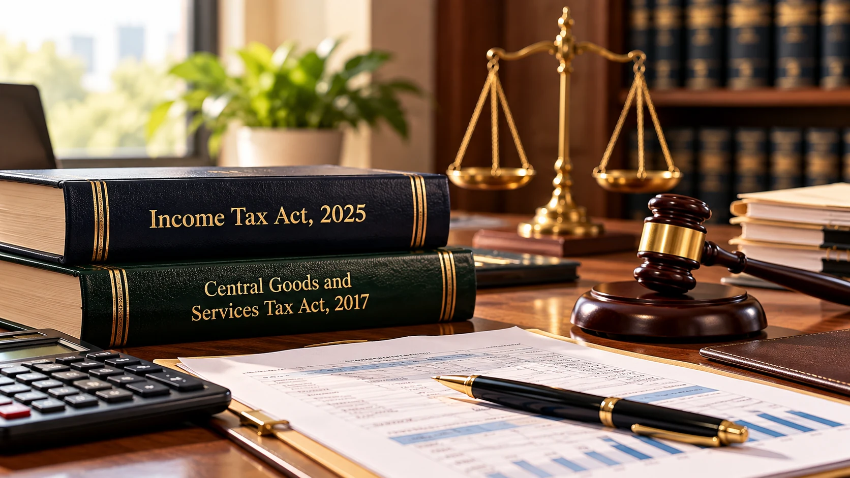 Income Tax Act, 2025 legal volumes with gavel, scales of justice, and tax documents on a wide desk